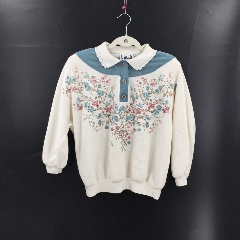 Teddi White & blue Grandmacore popover sweater floral birds cottagecore top L